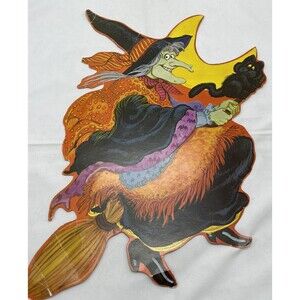 Vintage Halloween Diecut Cutout Decor 15” Witch Broom Black Cat Pumpkin
